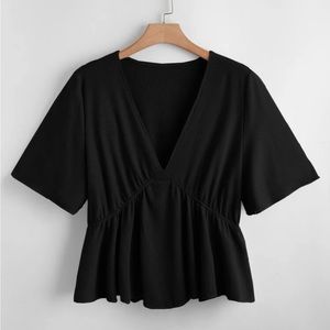 Black Plunging V-Neck Flowy Ribbed Top